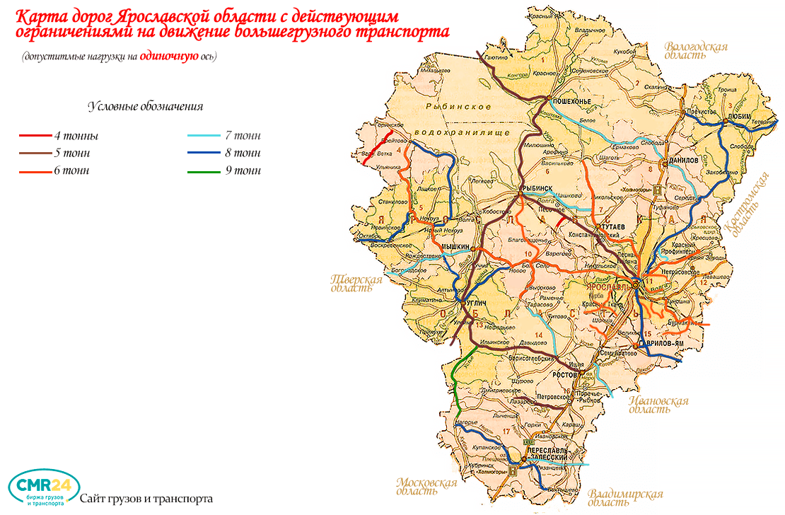 Карта временных ограничений нагрузок на одиночную ось в Ярославской области